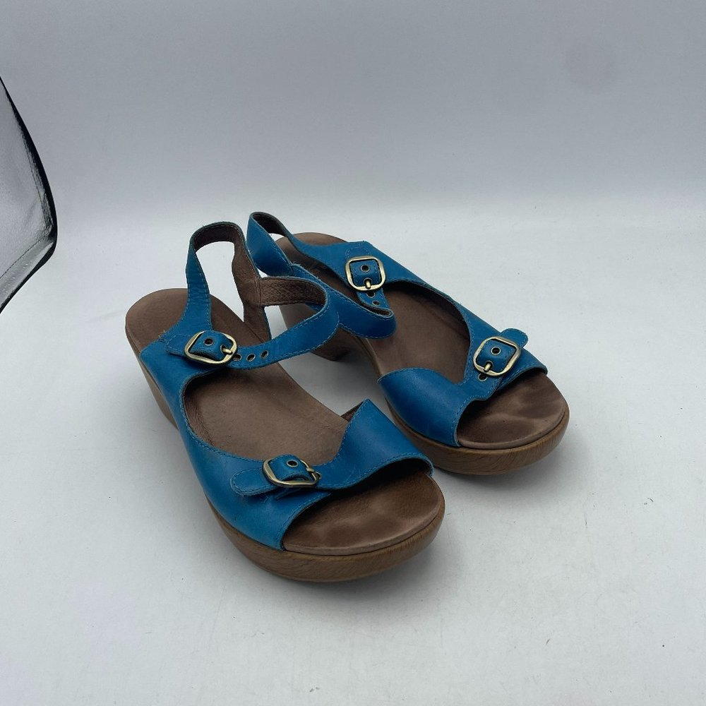 Dansko Teal Blue Leather Slingback Sandals with Buckles